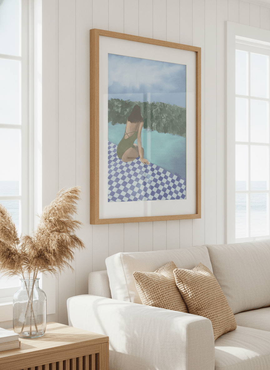 Neutral wall art displayed in a sunny coastal beach house