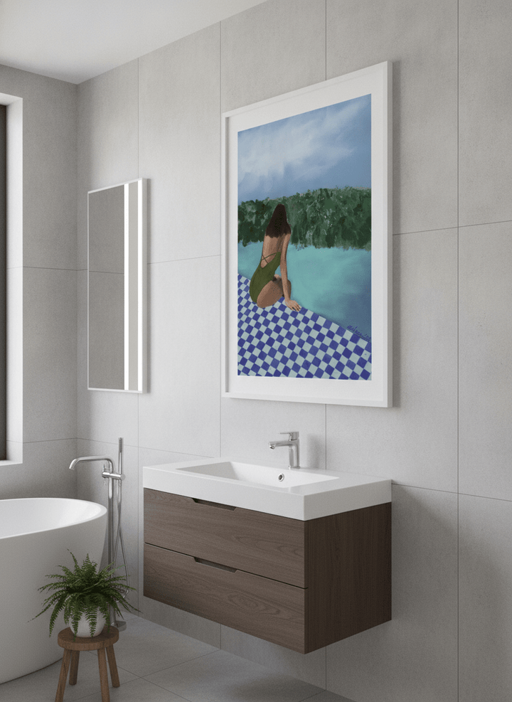 Modern print displayed in a clean minimalist bathroom setting