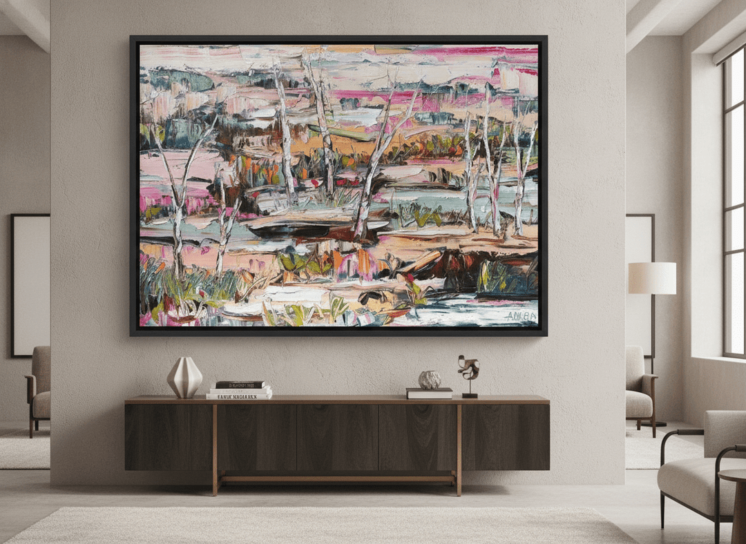 Monumental artwork centred on a feature wall in a luxe interior