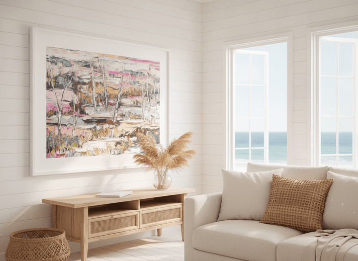 Neutral wall art displayed in a sunny coastal beach house