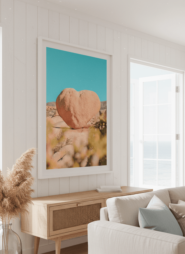 Neutral wall art displayed in a sunny coastal beach house
