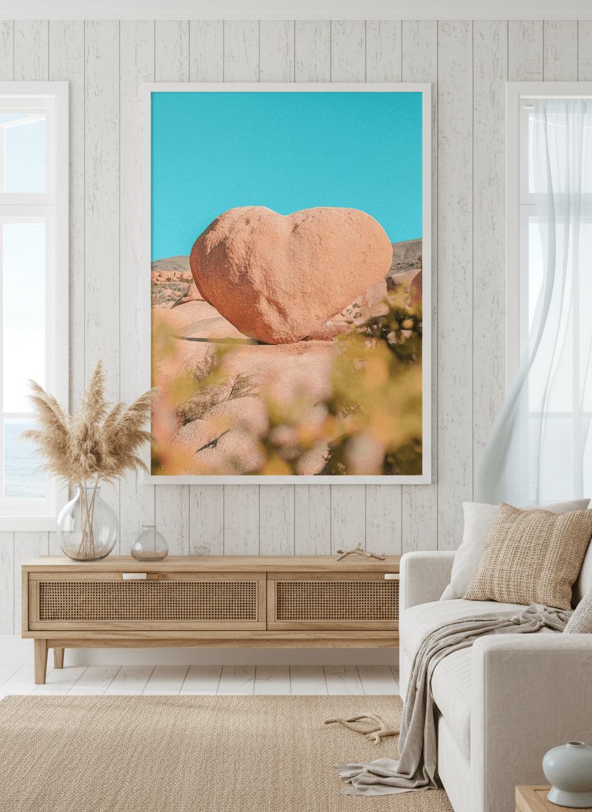 Neutral wall art displayed in a sunny coastal beach house