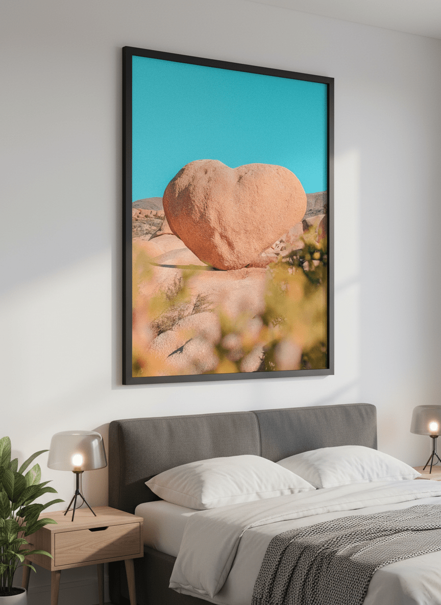 Minimalist artwork displayed in a calm, light-filled bedroom interior
