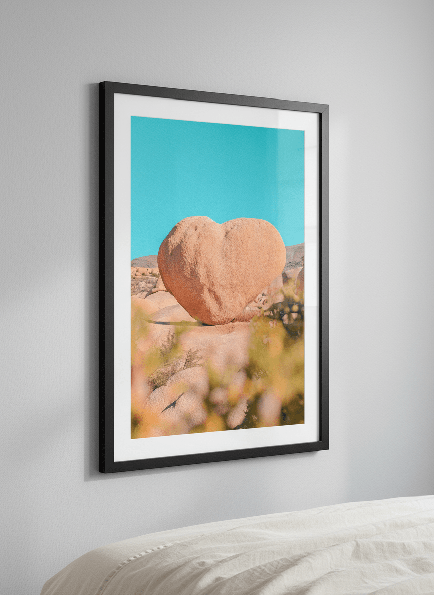Minimalist artwork displayed in a calm, light-filled bedroom interior