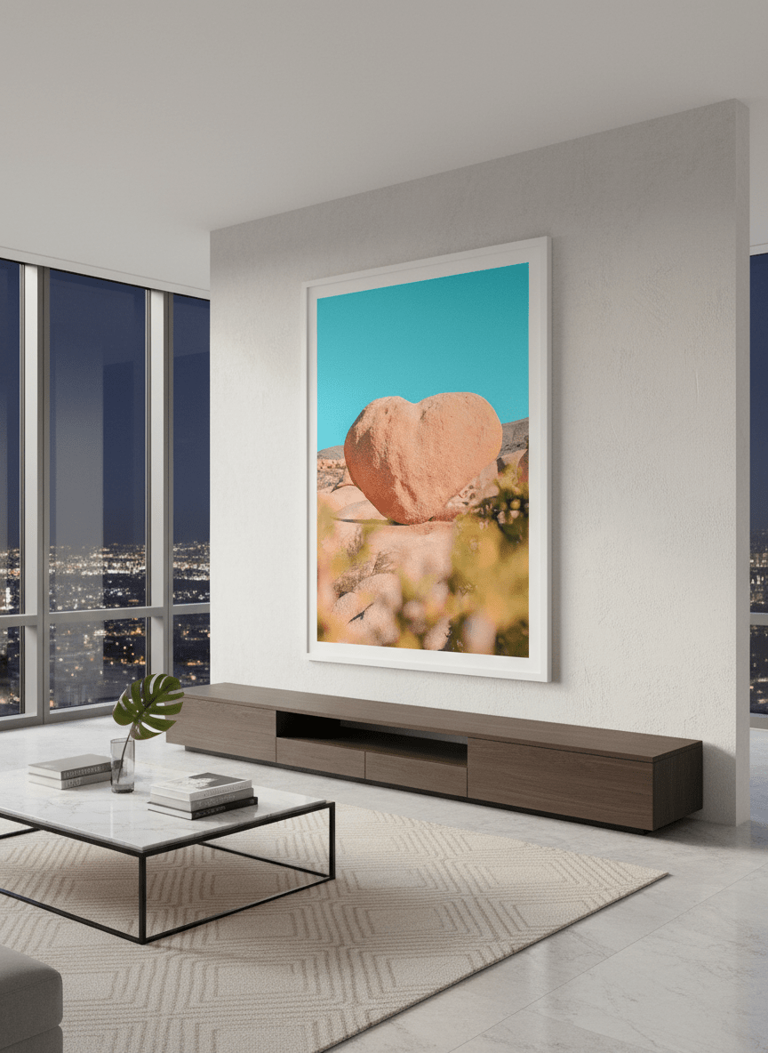 Monumental artwork centred on a feature wall in a luxe interior