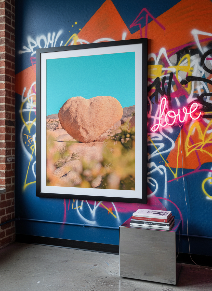Bold wall art styled in a colourful, eclectic modern home
