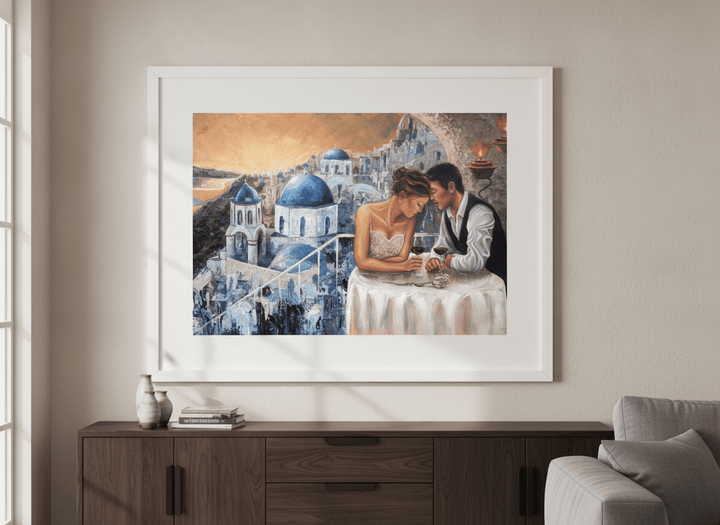 Artwork displayed above a credenza in a real-looking contemporary home
