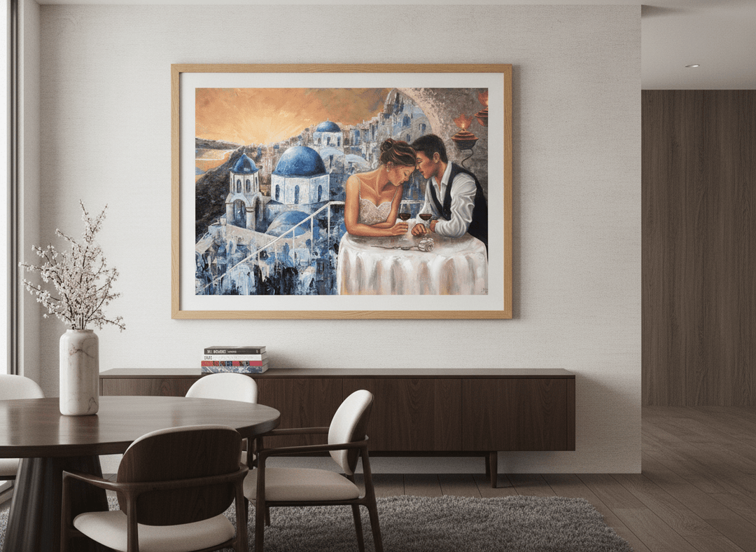 Monumental artwork centred on a feature wall in a luxe interior