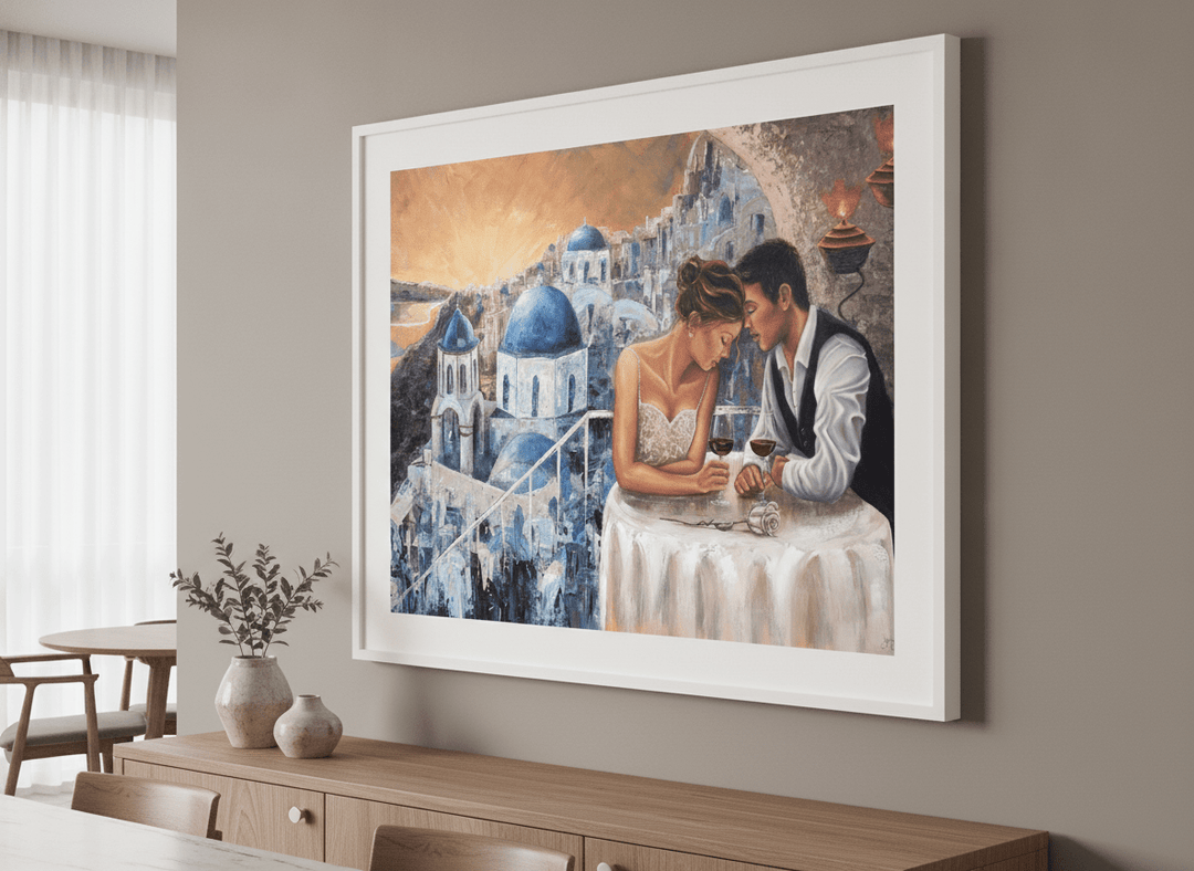 Wall art styled above a dining table in a contemporary home