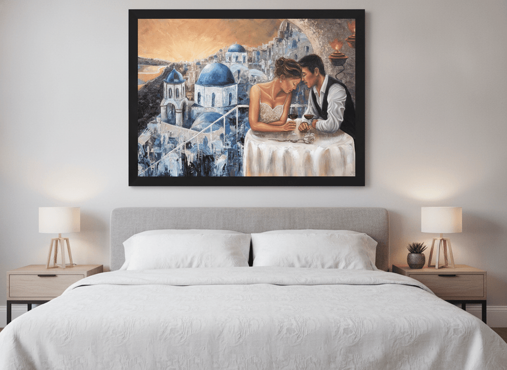Minimalist artwork displayed in a calm, light-filled bedroom interior
