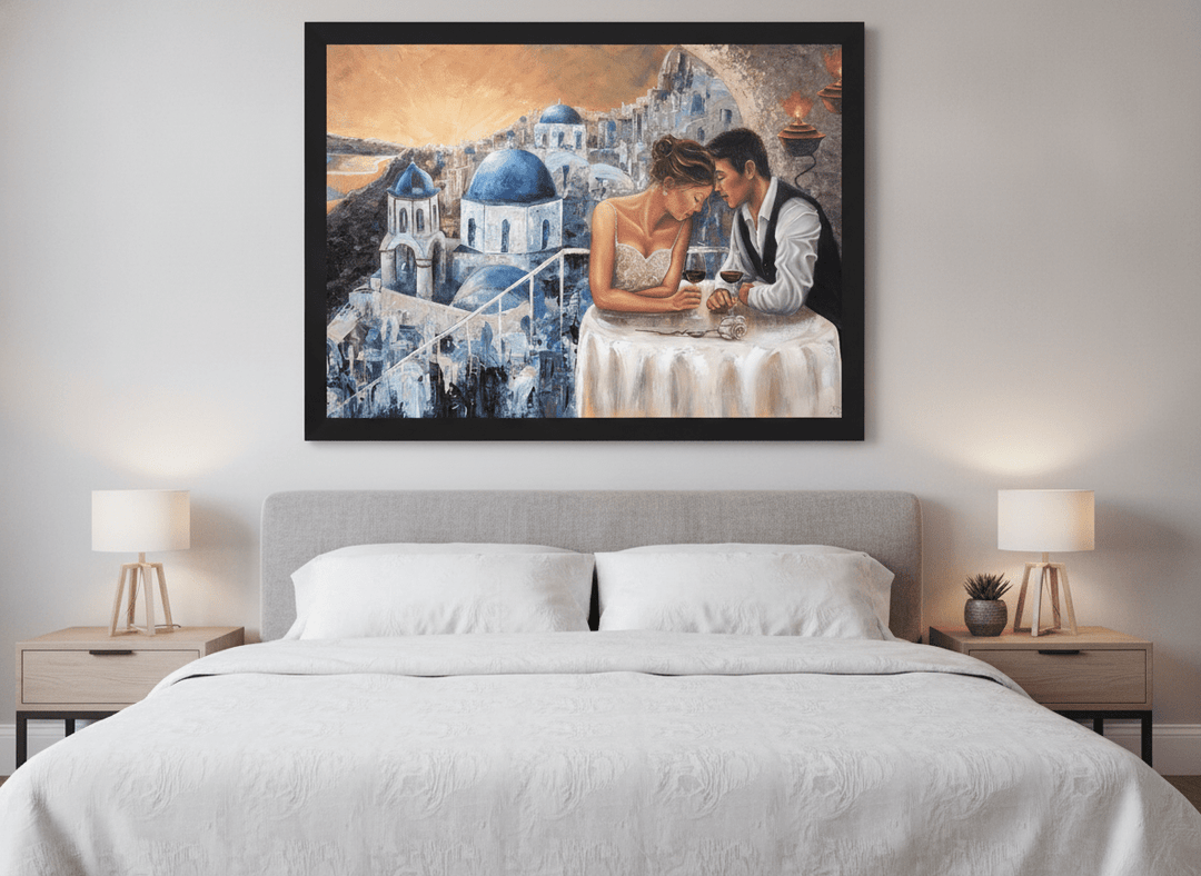Minimalist artwork displayed in a calm, light-filled bedroom interior