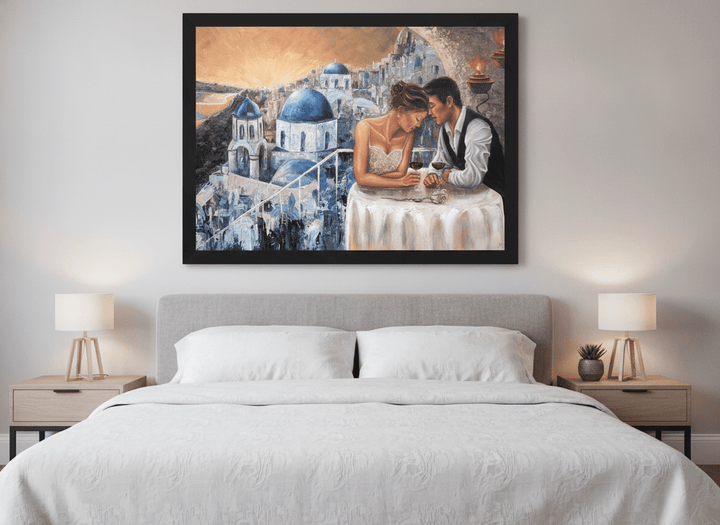 Minimalist artwork displayed in a calm, light-filled bedroom interior