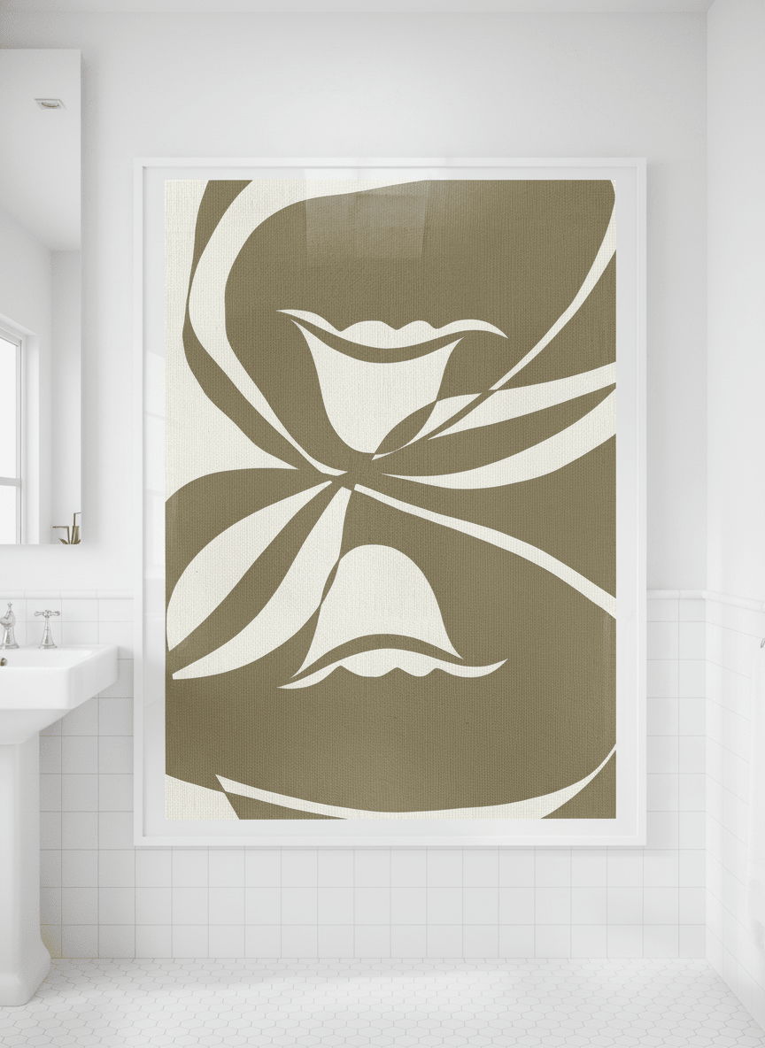 Modern print displayed in a clean minimalist bathroom setting