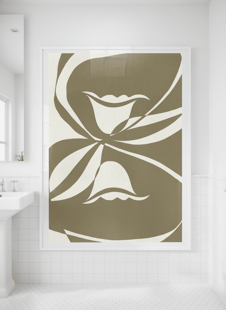 Modern print displayed in a clean minimalist bathroom setting
