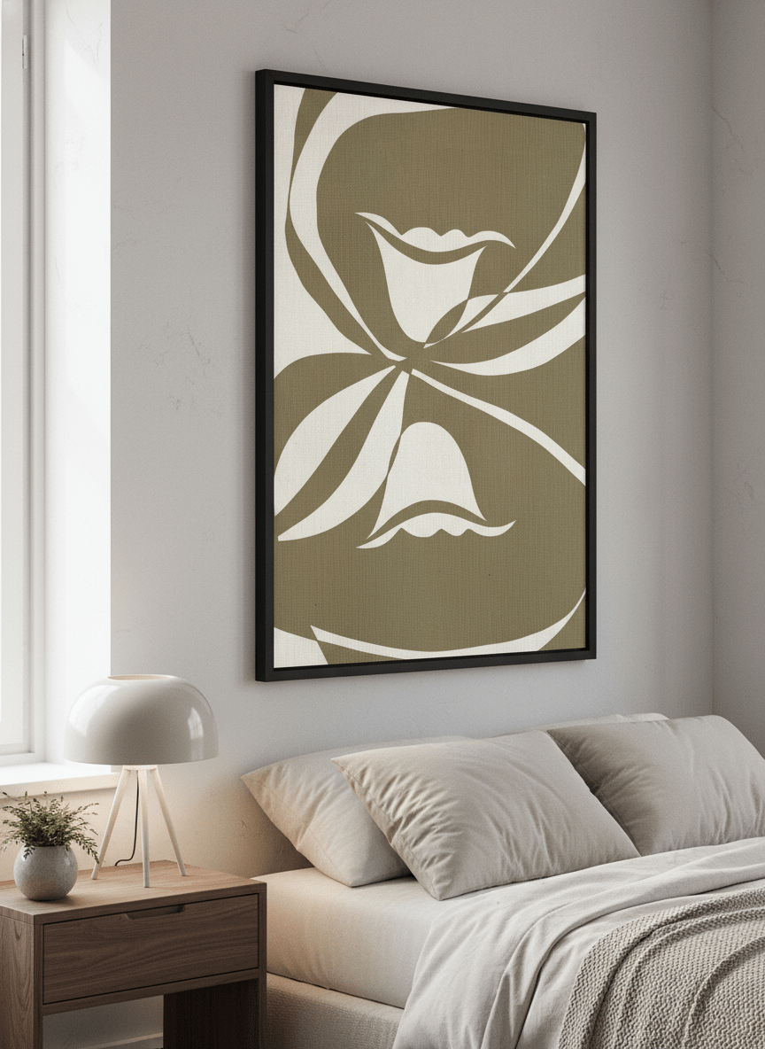 Minimalist artwork displayed in a calm, light-filled bedroom interior