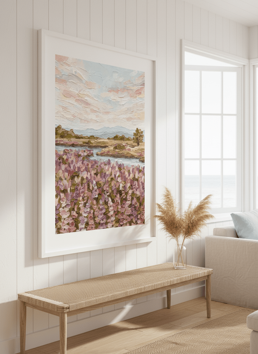 Neutral wall art displayed in a sunny coastal beach house