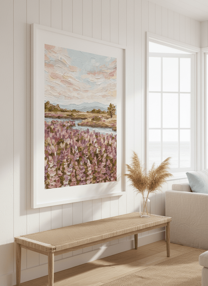 Neutral wall art displayed in a sunny coastal beach house