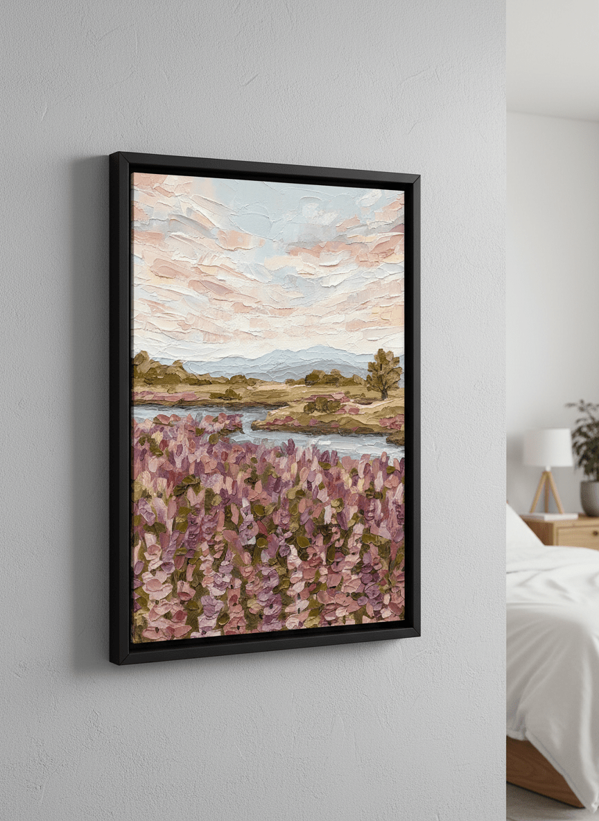 Minimalist artwork displayed in a calm, light-filled bedroom interior