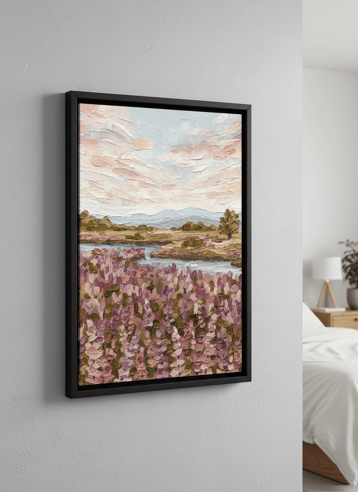 Minimalist artwork displayed in a calm, light-filled bedroom interior