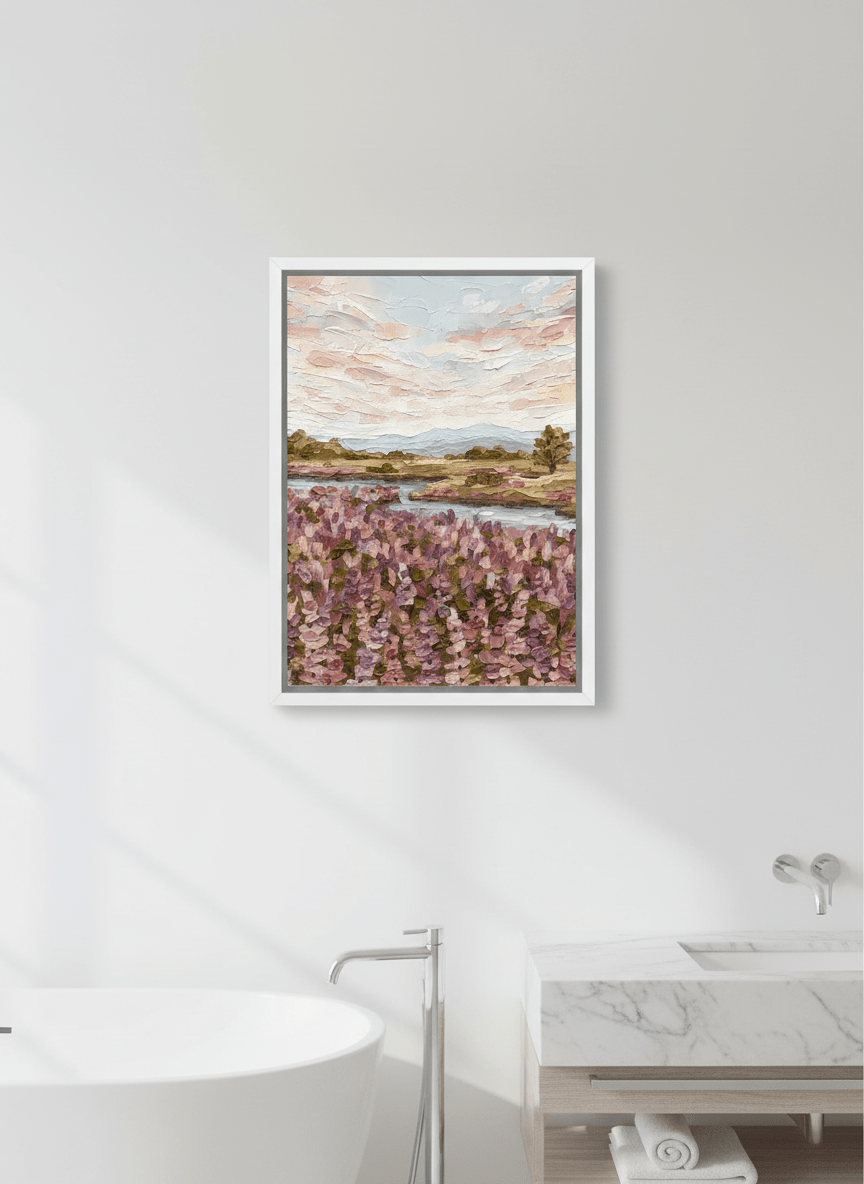 Modern print displayed in a clean minimalist bathroom setting