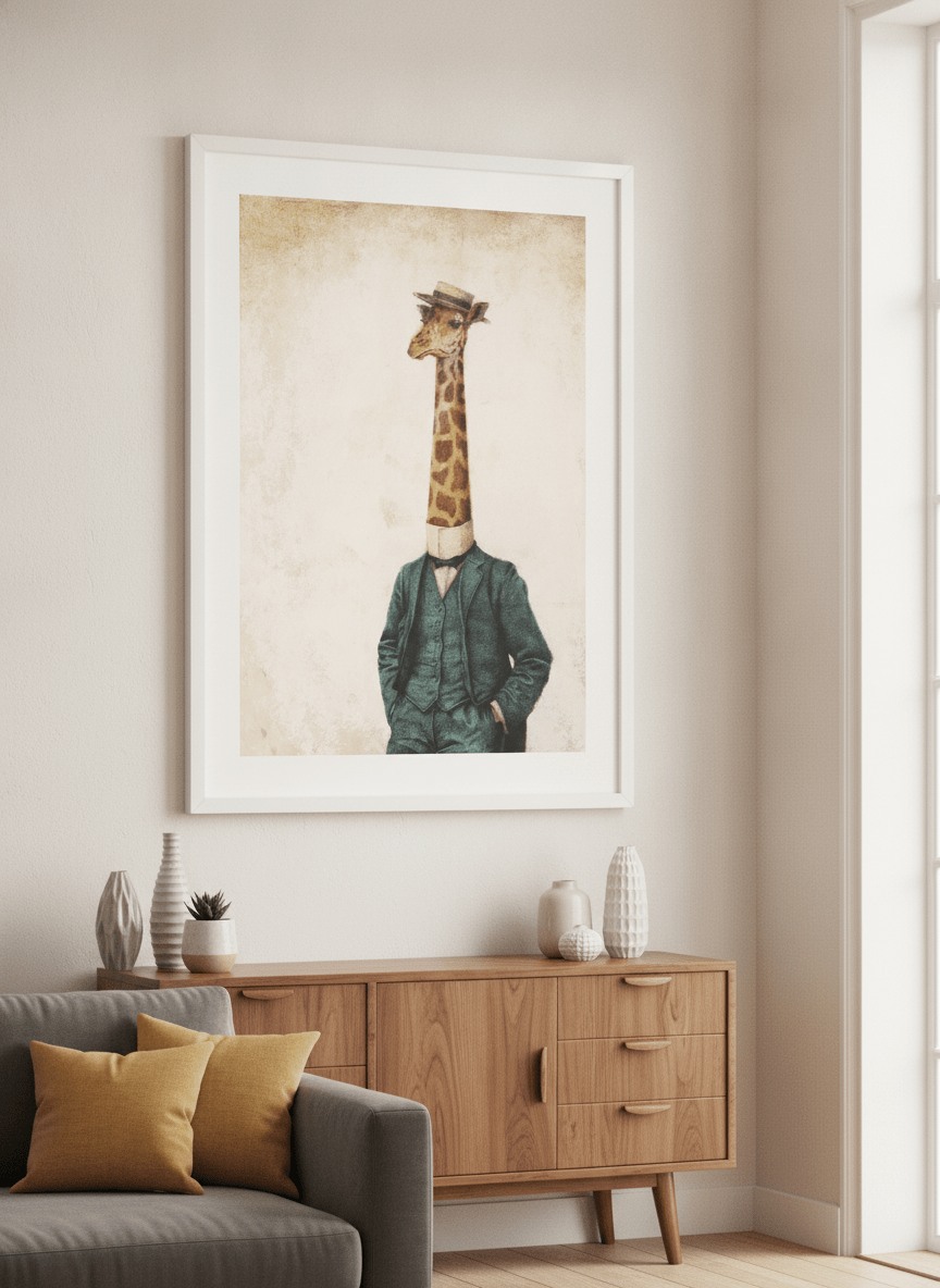 Modern wall art styled above a sofa in a neutral living room