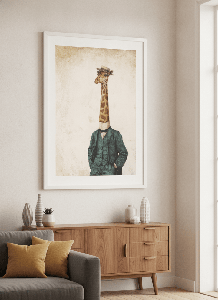 Modern wall art styled above a sofa in a neutral living room