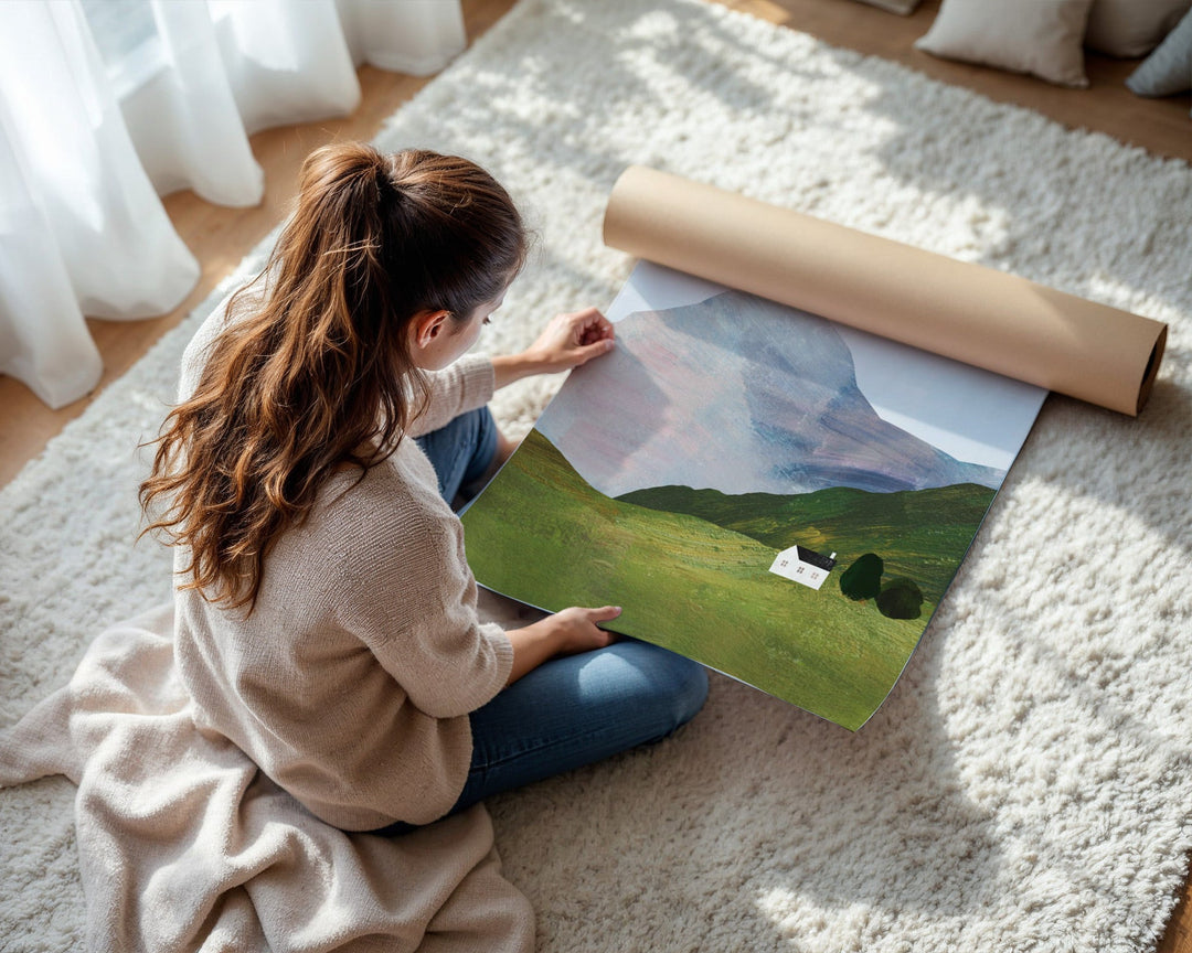 landscape artwork unrolled on carpet