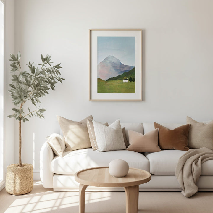 bright living room with white sofa and wooden coffee table