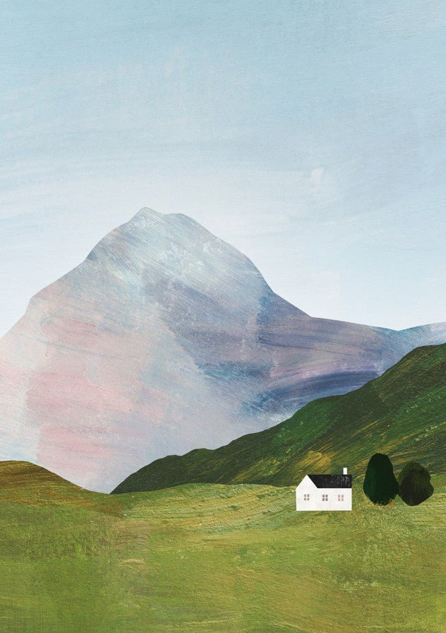 A layered, painterly illustration of a lone white cottage nestled in rolling green hills, with a large, hazy mountain in shades of blue and pink rising in the background under a pale sky. framed
