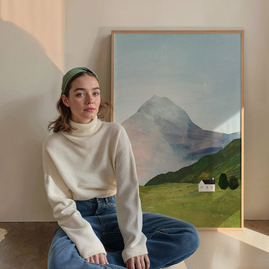 Girl sitting on the floor in front of an artwork