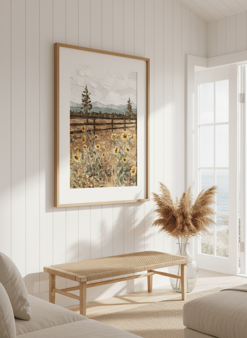 Neutral wall art displayed in a sunny coastal beach house