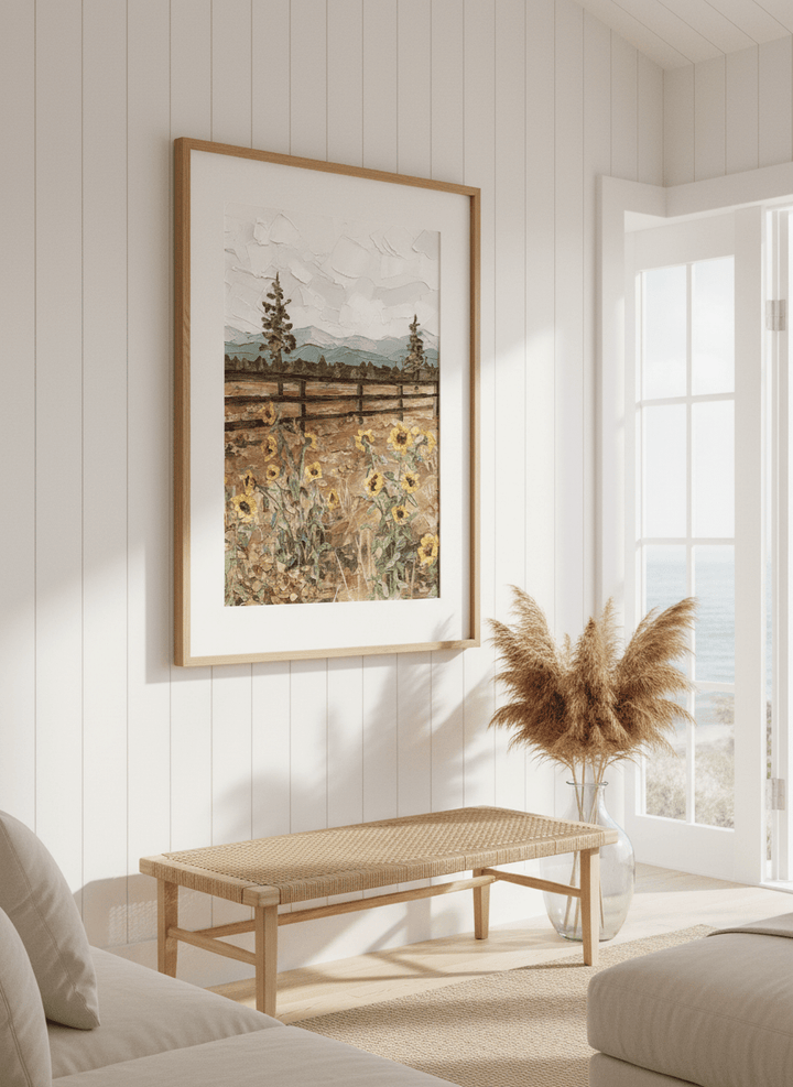 Neutral wall art displayed in a sunny coastal beach house