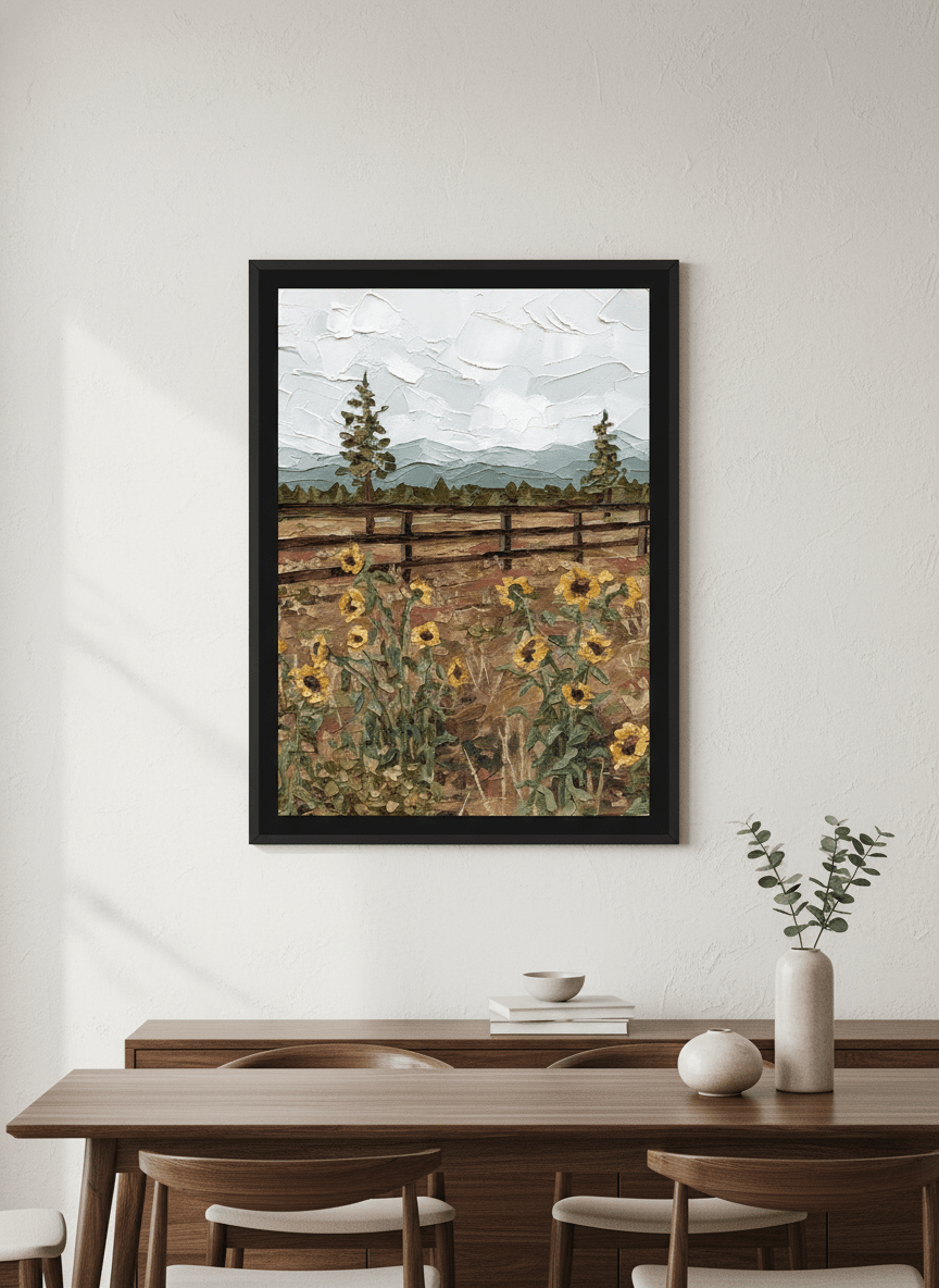Wall art styled above a dining table in a contemporary home