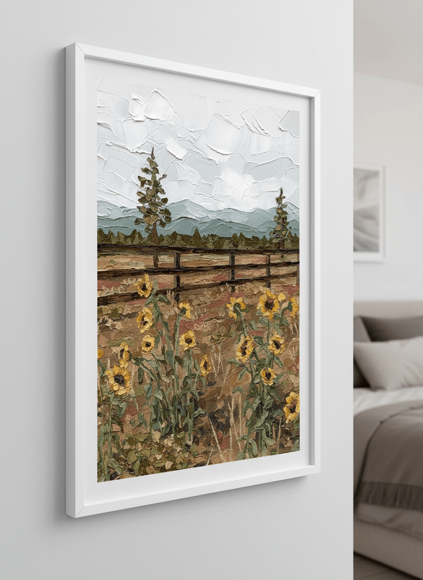 Minimalist artwork displayed in a calm, light-filled bedroom interior