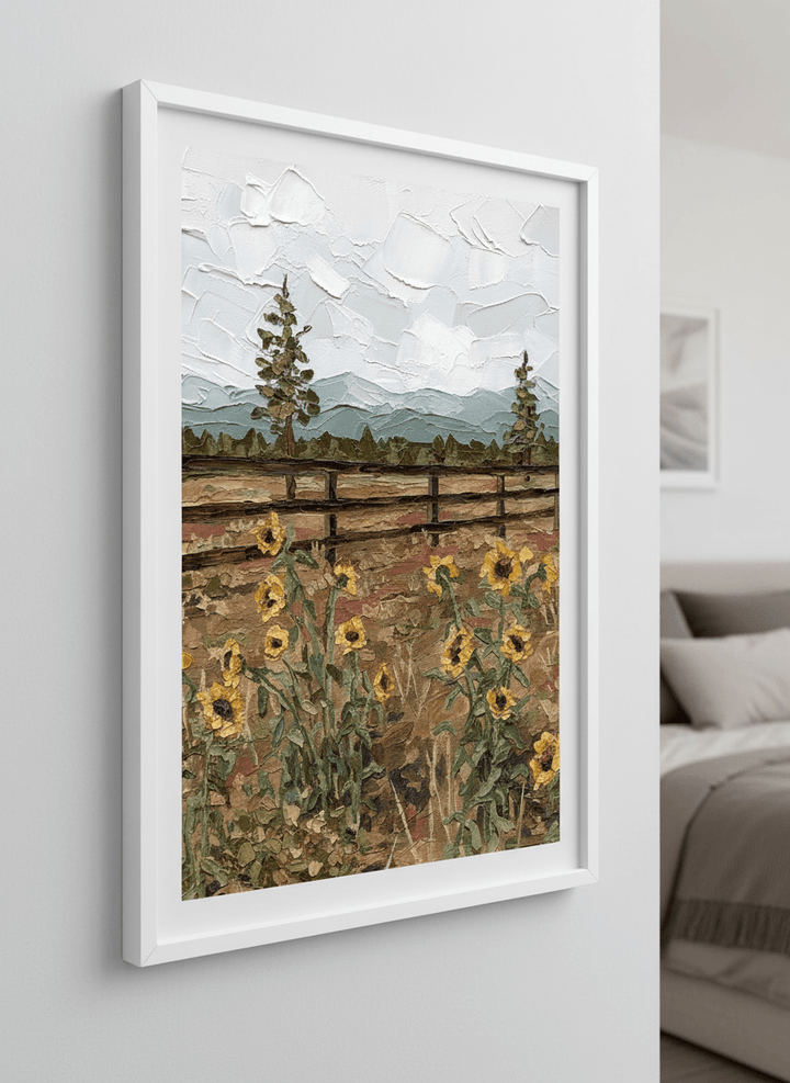 Minimalist artwork displayed in a calm, light-filled bedroom interior