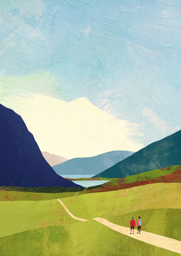 Two people walking on a path through a scenic landscape with mountains and a lake. framed