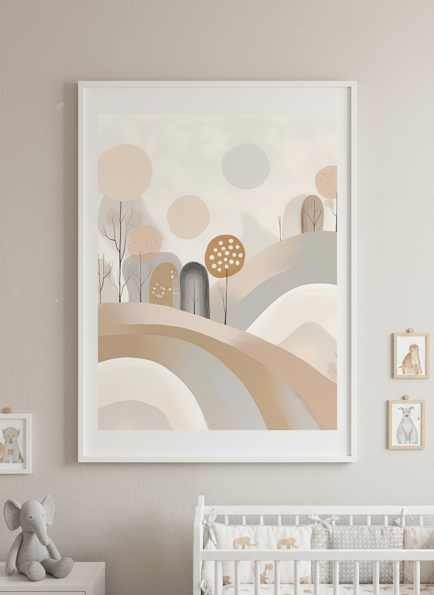 Soft neutral wall art styled in a serene nursery with pastel tones