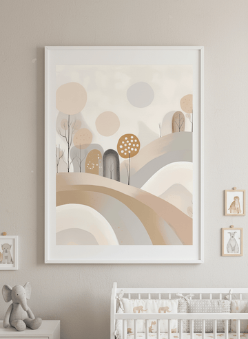 Soft neutral wall art styled in a serene nursery with pastel tones
