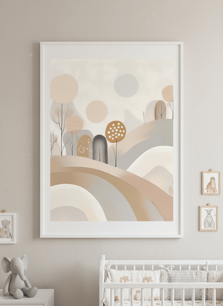 Soft neutral wall art styled in a serene nursery with pastel tones