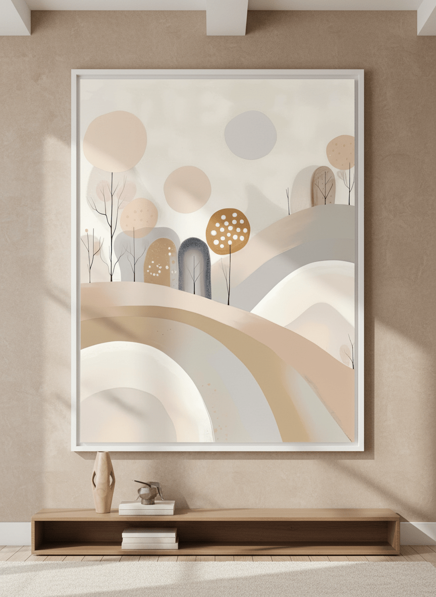 Monumental artwork centred on a feature wall in a luxe interior