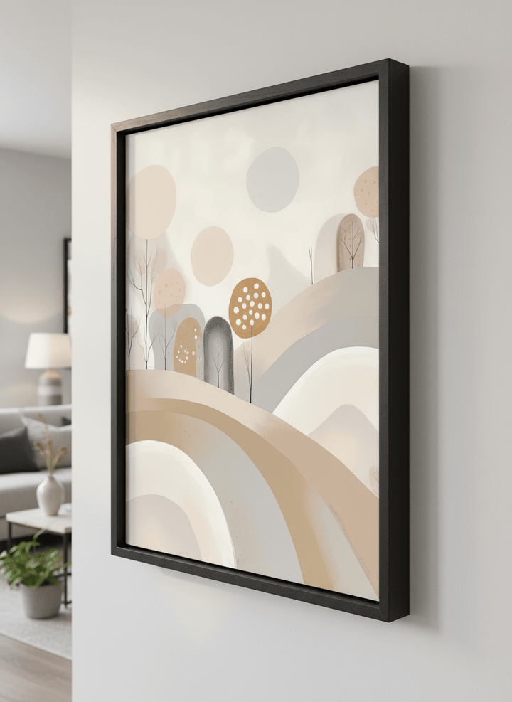 Modern wall art styled above a sofa in a neutral living room