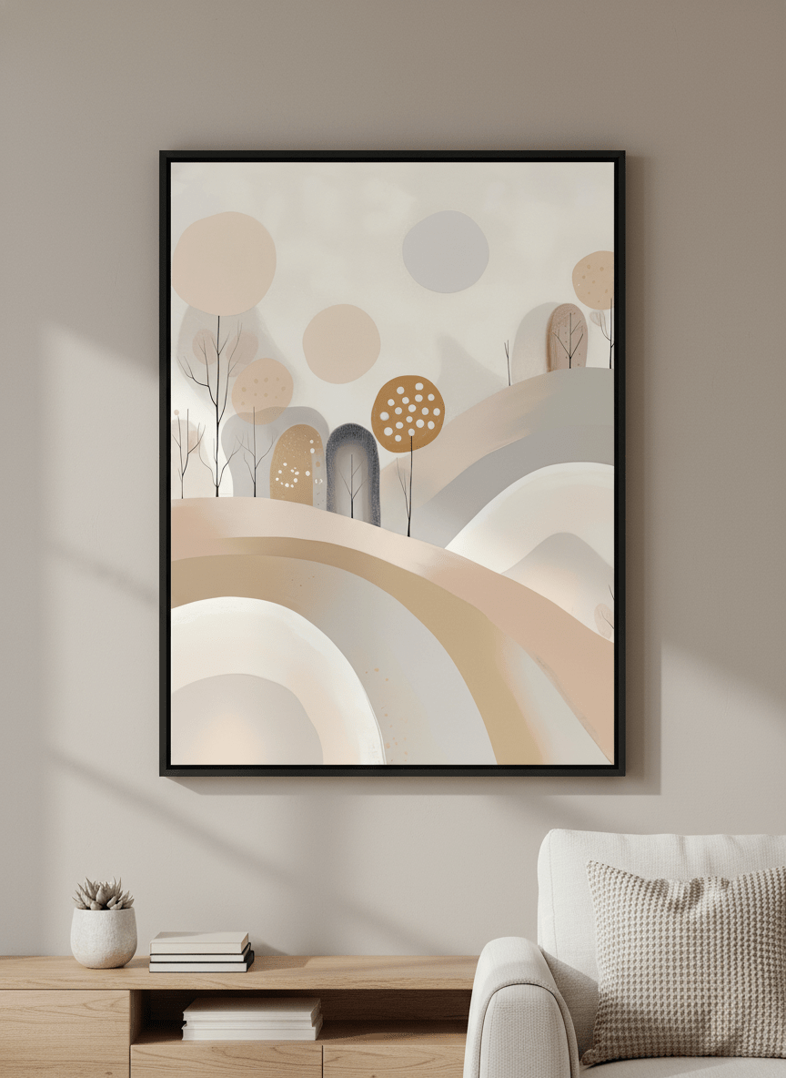 Modern wall art styled above a sofa in a neutral living room