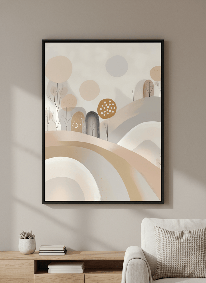 Modern wall art styled above a sofa in a neutral living room