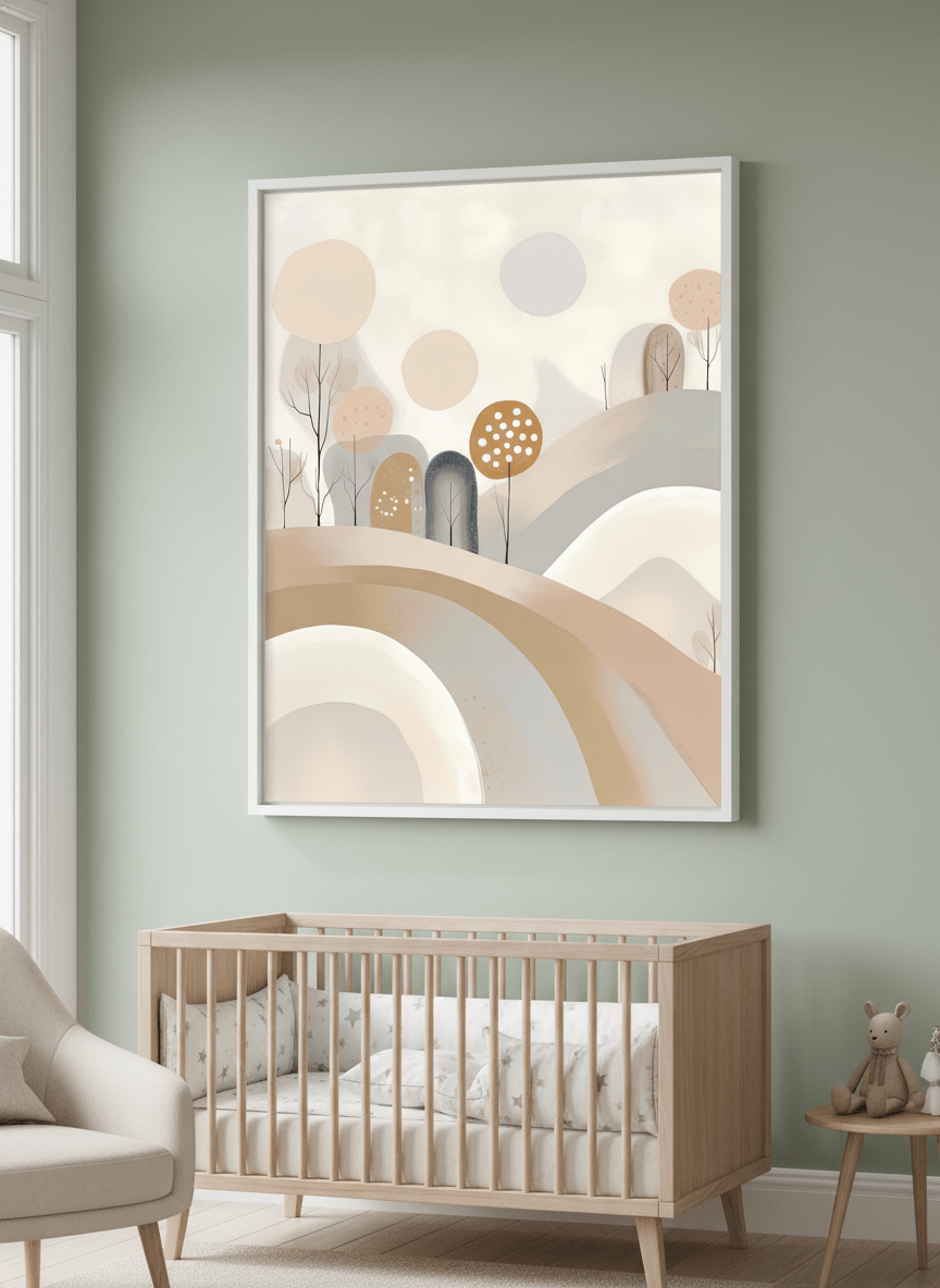 Soft neutral wall art styled in a serene nursery with pastel tones