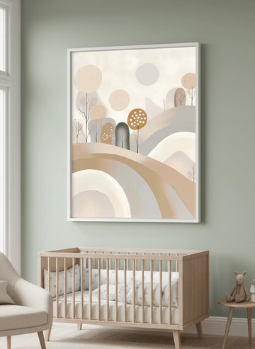 Soft neutral wall art styled in a serene nursery with pastel tones