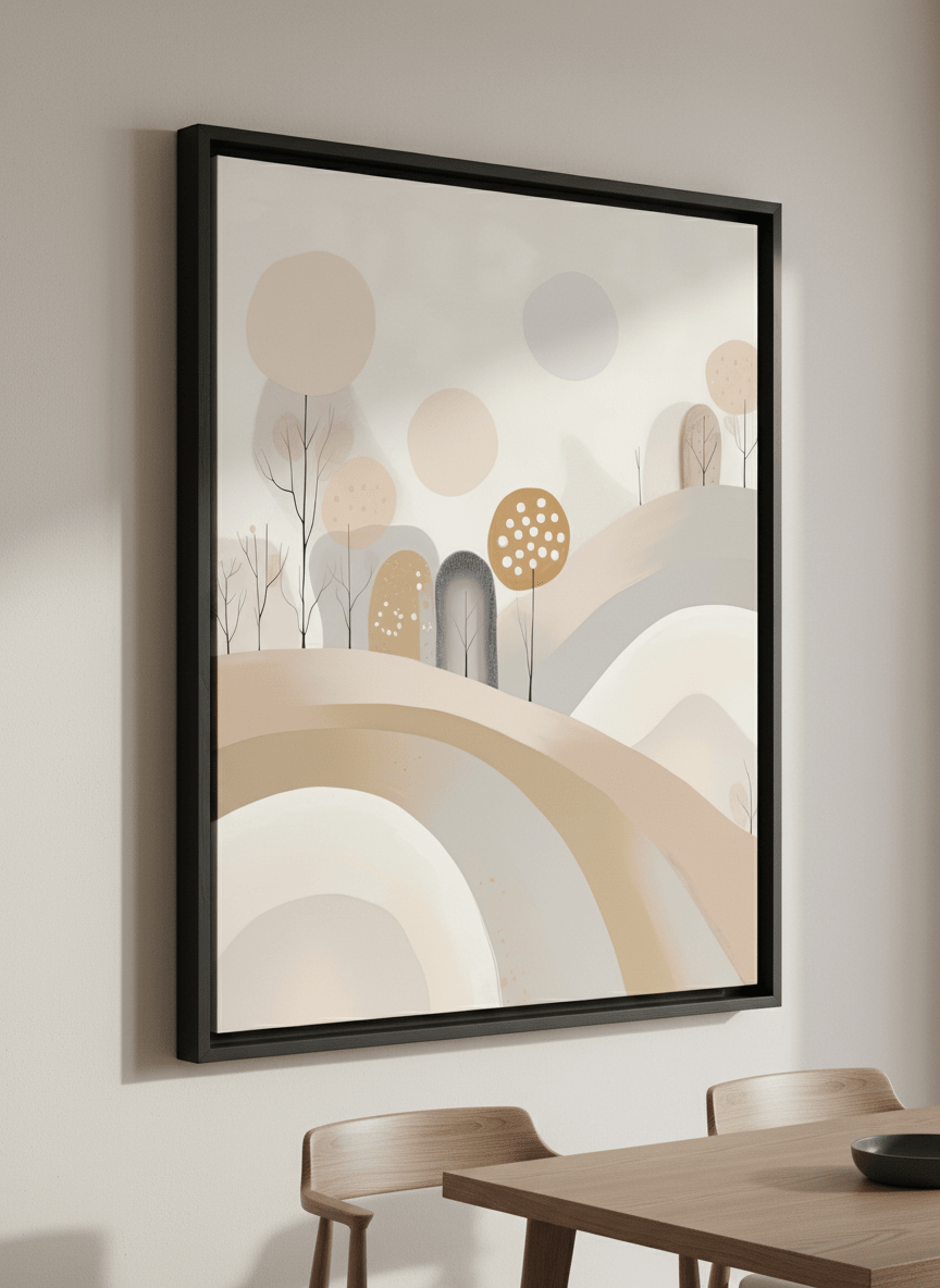 Wall art styled above a dining table in a contemporary home