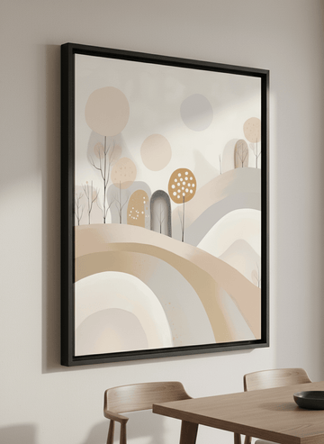 Wall art styled above a dining table in a contemporary home