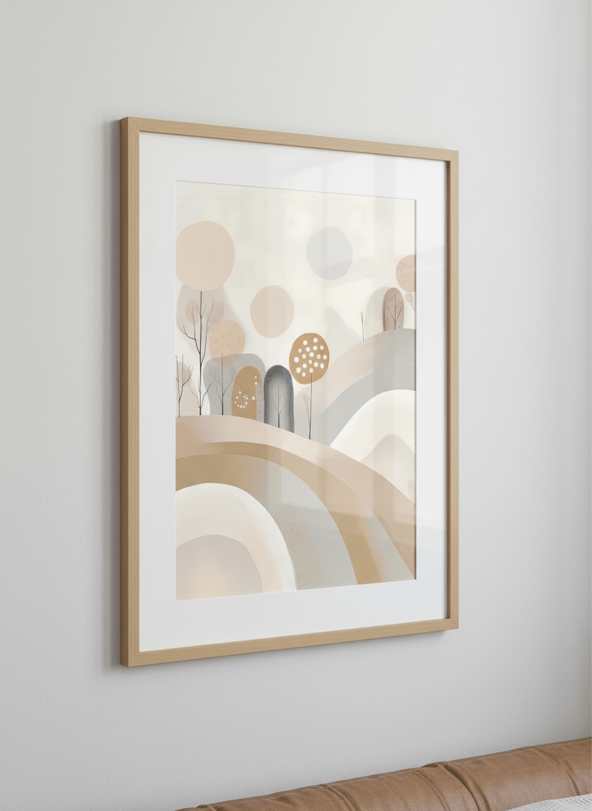 Minimalist artwork displayed in a calm, light-filled bedroom interior