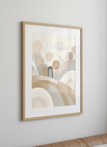 Minimalist artwork displayed in a calm, light-filled bedroom interior