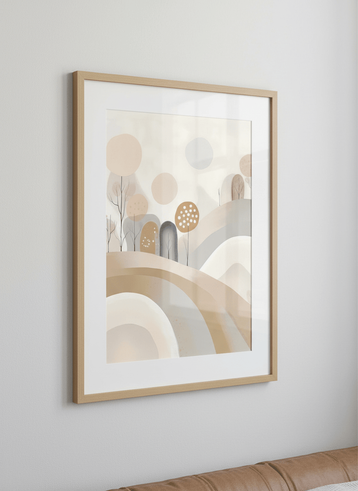 Minimalist artwork displayed in a calm, light-filled bedroom interior